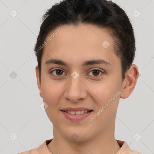 Joyful white young-adult female with short  brown hair and brown eyes