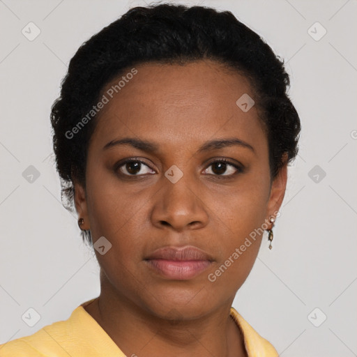 Neutral black young-adult female with short  black hair and brown eyes