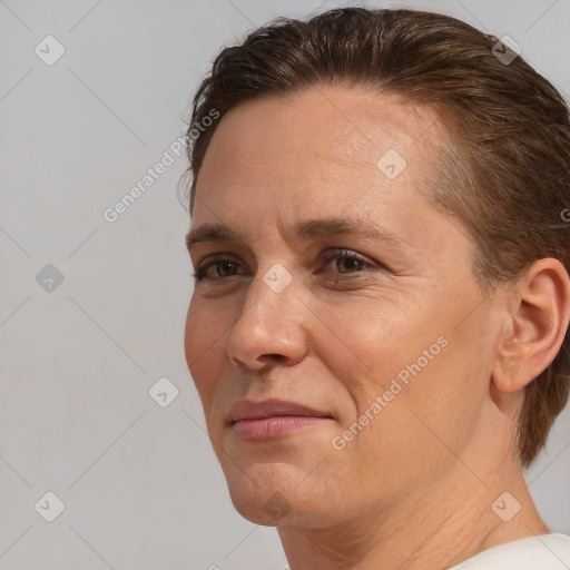 Joyful white adult female with medium  brown hair and brown eyes