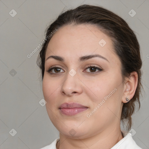 Joyful white young-adult female with medium  brown hair and brown eyes