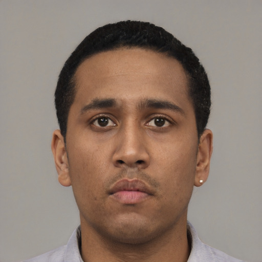 Neutral black young-adult male with short  black hair and brown eyes