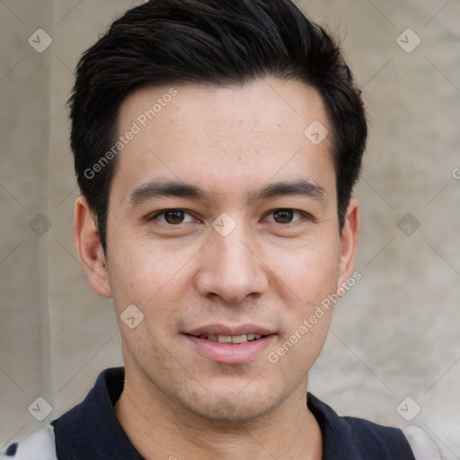 Joyful white young-adult male with short  black hair and brown eyes
