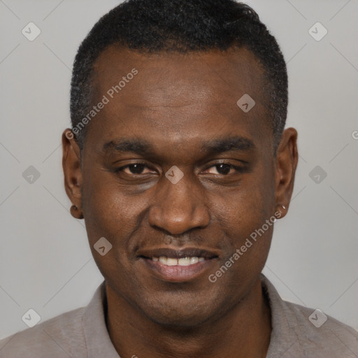 Joyful black adult male with short  brown hair and brown eyes
