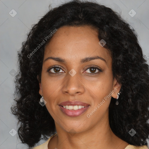 Joyful black young-adult female with medium  brown hair and brown eyes