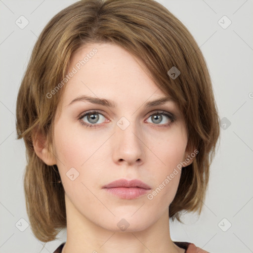 Neutral white young-adult female with medium  brown hair and grey eyes