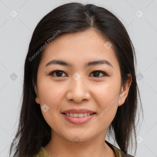 Joyful asian young-adult female with medium  brown hair and brown eyes