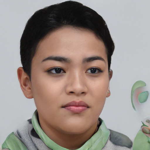 Neutral asian young-adult female with short  black hair and brown eyes