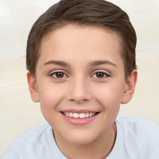 Joyful white child female with short  brown hair and brown eyes