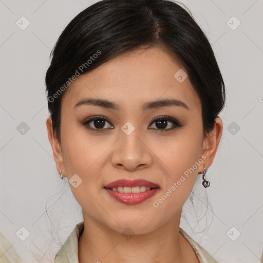 Joyful asian young-adult female with medium  brown hair and brown eyes