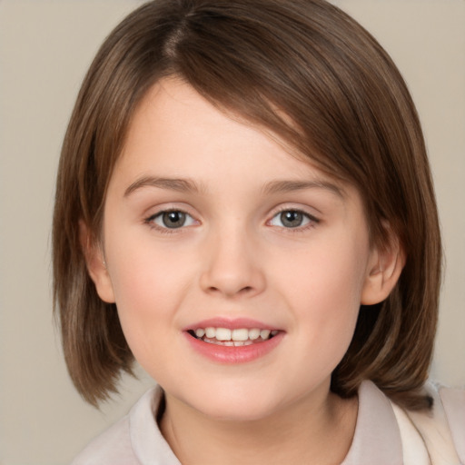 Joyful white child female with medium  brown hair and brown eyes