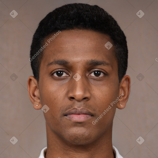 Neutral black young-adult male with short  black hair and brown eyes
