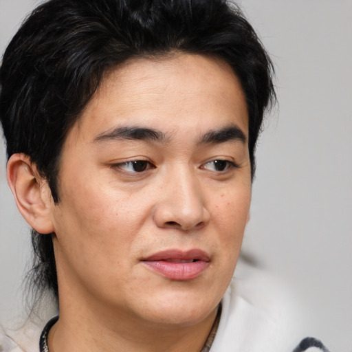 Joyful asian adult male with medium  brown hair and brown eyes