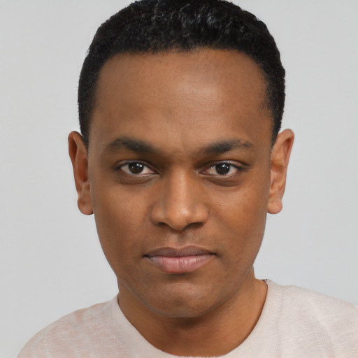 Neutral black young-adult male with short  black hair and brown eyes
