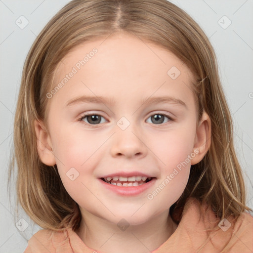 Joyful white child female with medium  brown hair and grey eyes