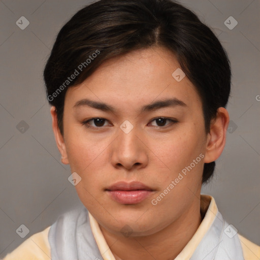 Neutral white young-adult female with short  brown hair and brown eyes
