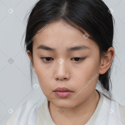 Neutral asian young-adult female with medium  brown hair and brown eyes