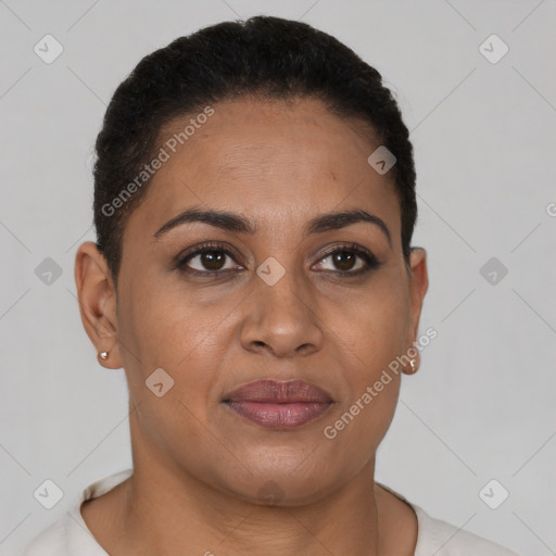 Joyful latino young-adult female with short  brown hair and brown eyes