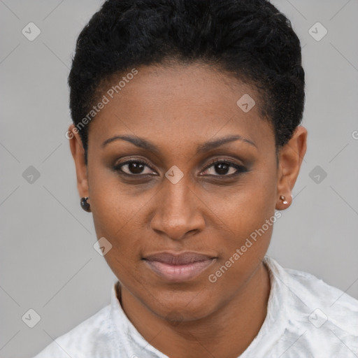 Joyful black young-adult female with short  brown hair and brown eyes