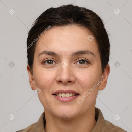 Joyful white young-adult female with short  brown hair and brown eyes