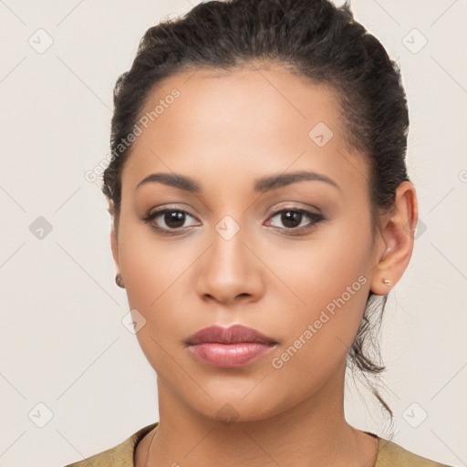 Neutral latino young-adult female with long  brown hair and brown eyes