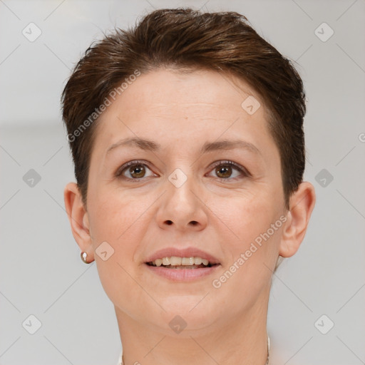 Joyful white adult female with short  brown hair and brown eyes