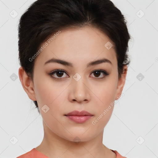 Neutral white young-adult female with short  brown hair and brown eyes