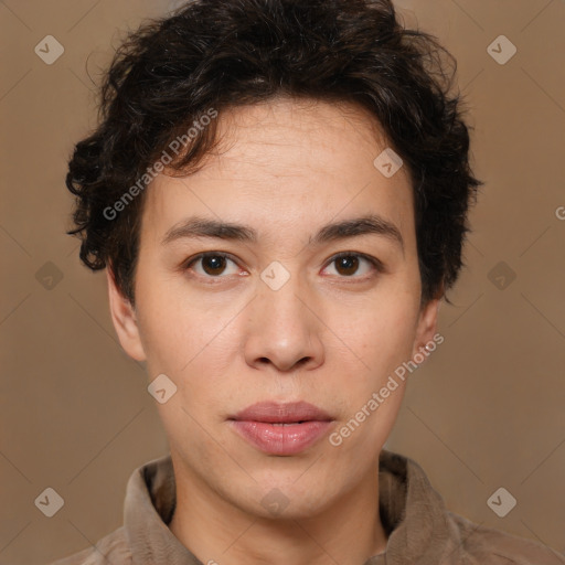 Joyful white young-adult male with medium  brown hair and brown eyes