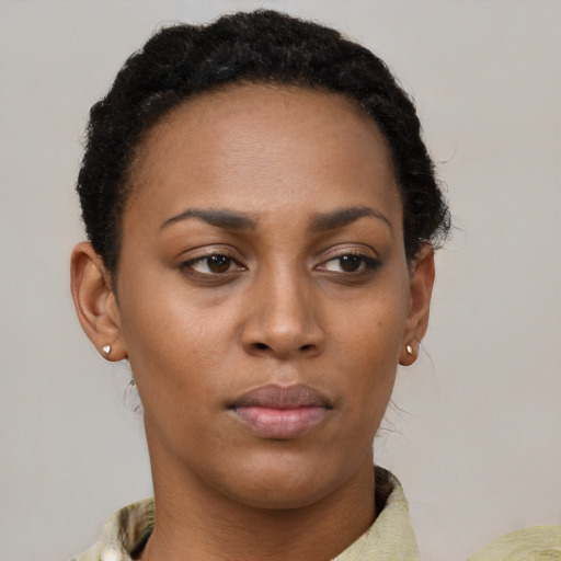 Neutral black young-adult female with short  brown hair and brown eyes