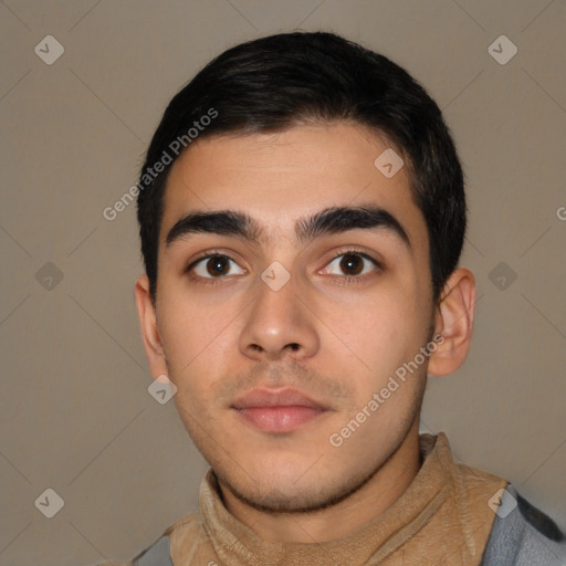 Neutral latino young-adult male with short  black hair and brown eyes