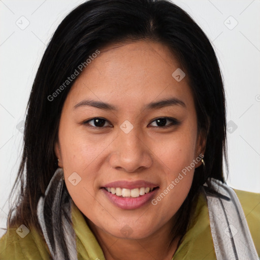 Joyful asian young-adult female with long  brown hair and brown eyes