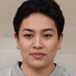 Joyful asian young-adult female with short  black hair and brown eyes