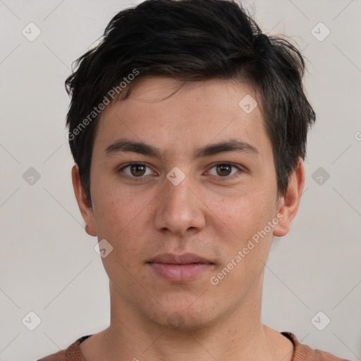 Neutral white young-adult male with short  brown hair and brown eyes