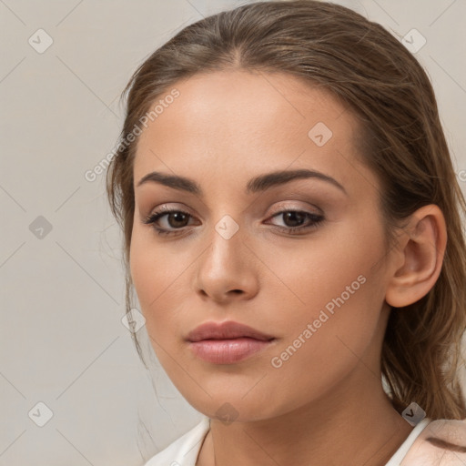 Neutral white young-adult female with medium  brown hair and brown eyes