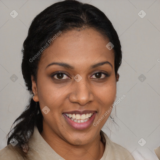 Joyful latino young-adult female with short  brown hair and brown eyes