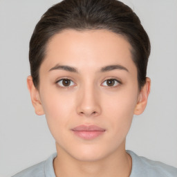 Neutral white young-adult female with short  brown hair and brown eyes