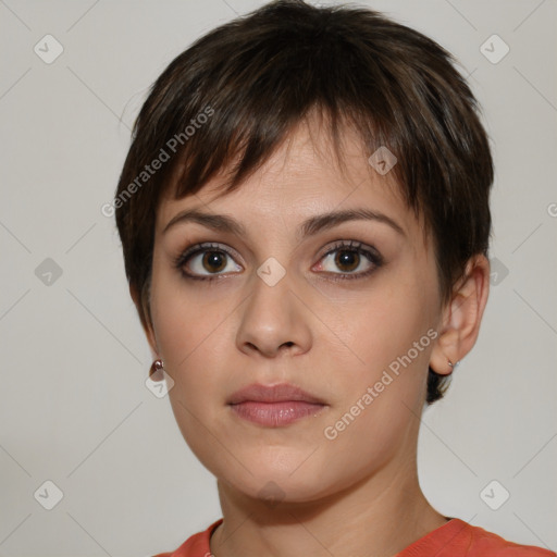 Neutral white young-adult female with short  brown hair and brown eyes