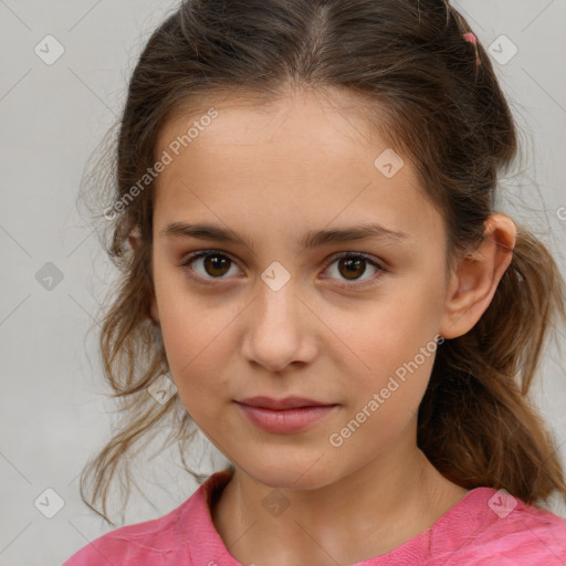 Joyful white child female with medium  brown hair and brown eyes