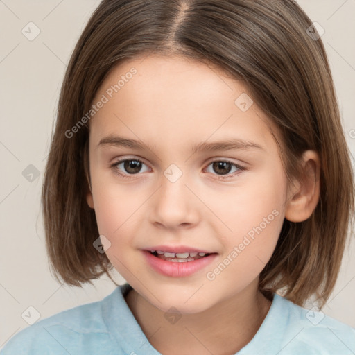 Joyful white child female with medium  brown hair and brown eyes