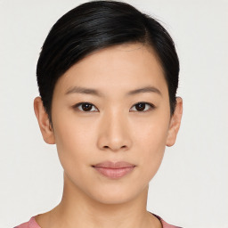 Neutral asian young-adult female with short  black hair and brown eyes