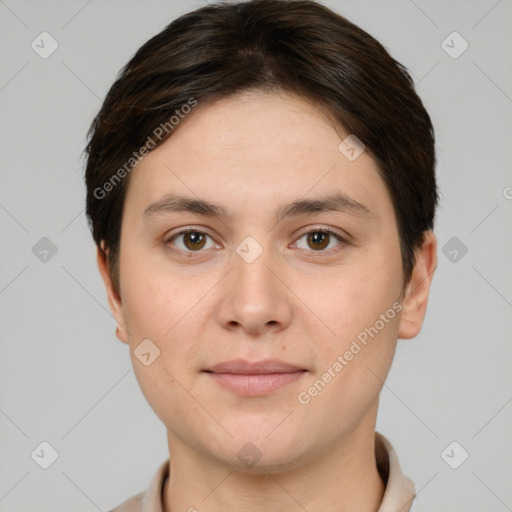 Joyful white young-adult female with short  brown hair and brown eyes