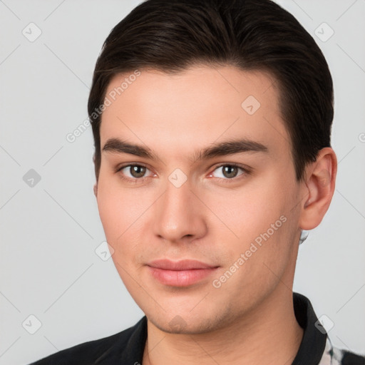 Neutral white young-adult male with short  brown hair and brown eyes