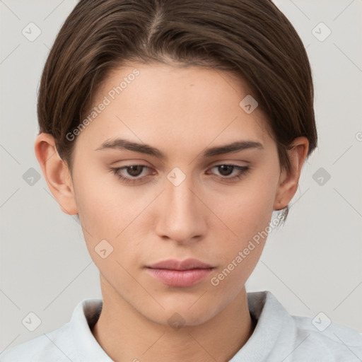 Neutral white young-adult female with short  brown hair and brown eyes