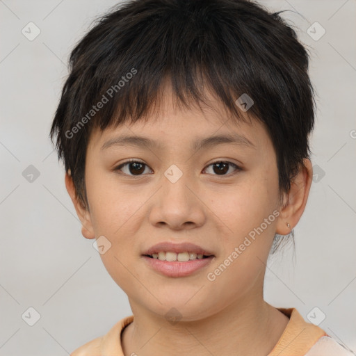 Joyful white child female with short  brown hair and brown eyes