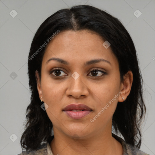 Joyful black young-adult female with medium  black hair and brown eyes