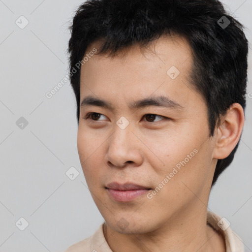 Neutral asian young-adult male with short  black hair and brown eyes
