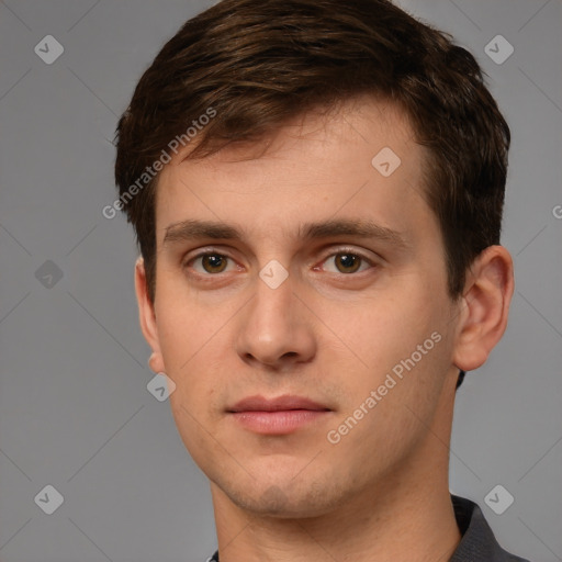 Neutral white young-adult male with short  brown hair and brown eyes