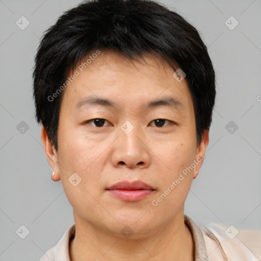 Neutral asian young-adult male with short  brown hair and brown eyes