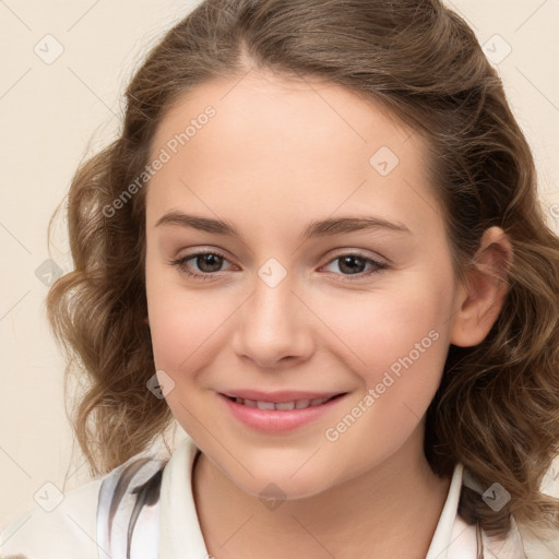 Joyful white child female with medium  brown hair and brown eyes