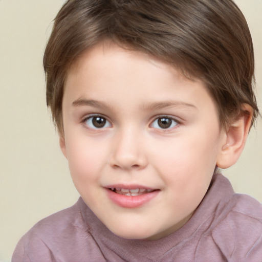 Joyful white child female with short  brown hair and brown eyes