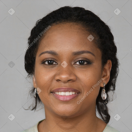 Joyful black young-adult female with medium  black hair and brown eyes